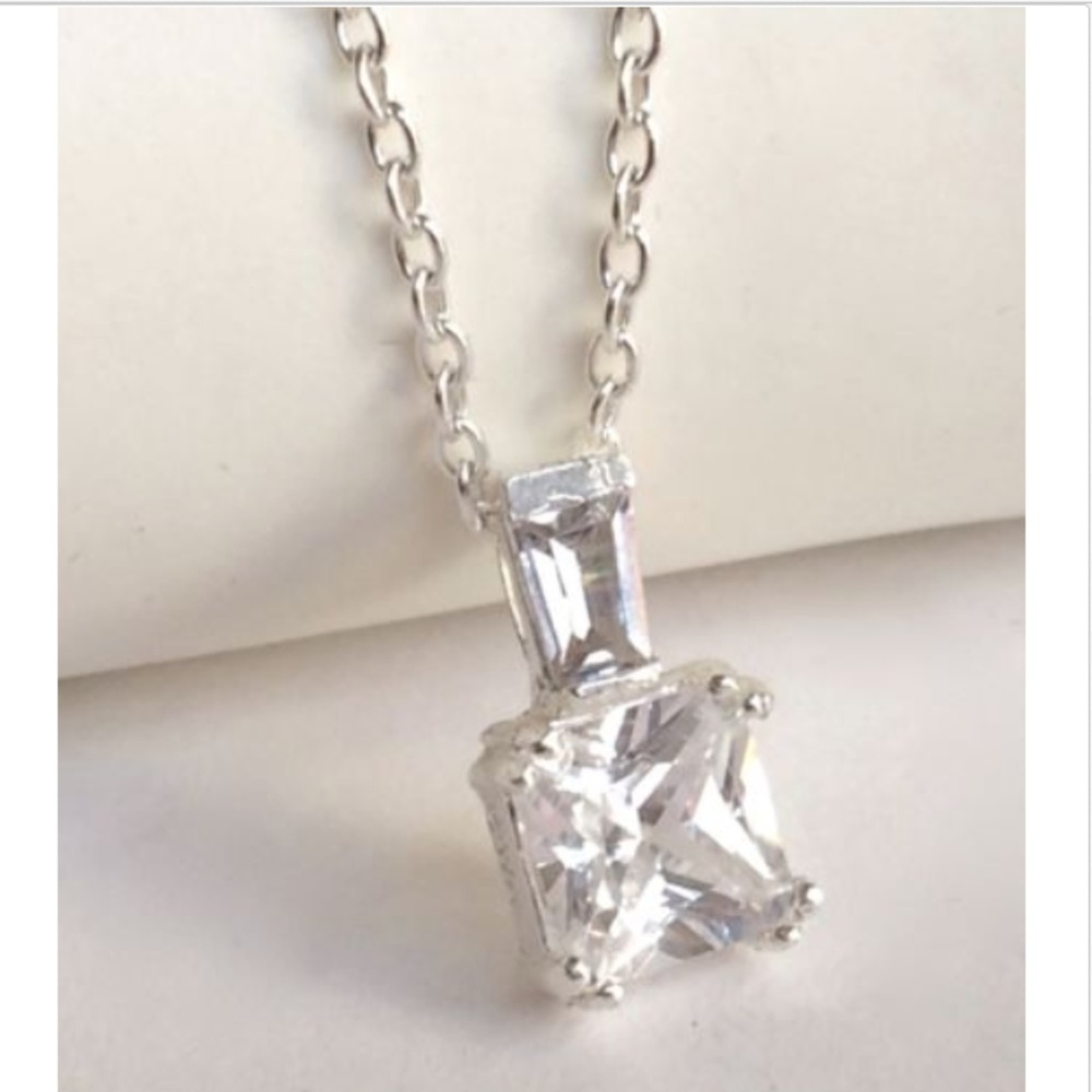 Vintage 925 Sterling Silver Necklace Princess Cut Cubic Zirconia Journey 18"